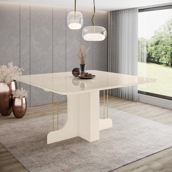 Imagem de Mesa de Jantar para 8 Lugares 150cm Tampo Mdf e Vidro Canto Arredondado Mavi Off White