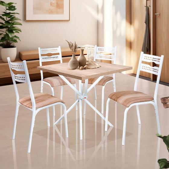 Imagem de Mesa De Jantar Quadrada Com 4 Cadeiras Aço 75cm Branco Carvalho Caspian Shop Jm
