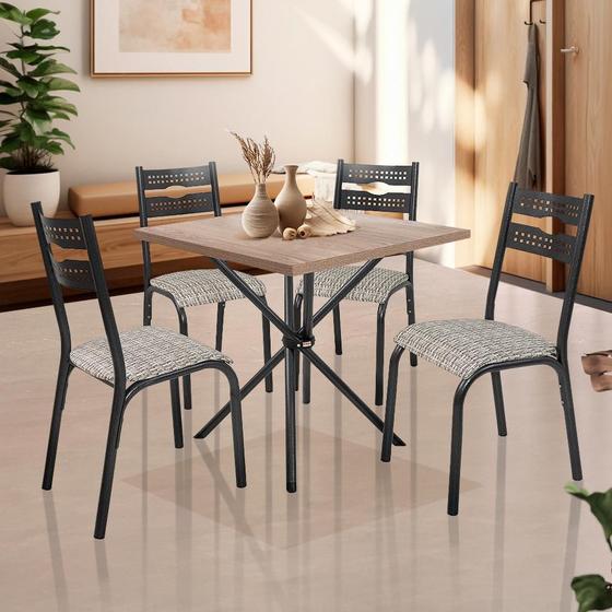 Imagem de Mesa de Jantar Quadrada com 4 Cadeiras Aço 75cm Preto Carvalho Caspian Jm Móveis