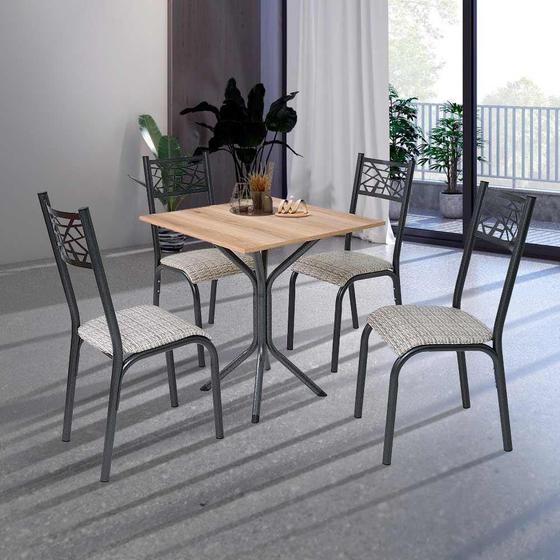 Imagem de Mesa de Jantar Quadrada com 4 Cadeiras em Aço Preto Carvalho com Estofado Manteiga Bollua Jm Mó