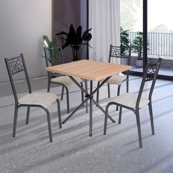 Imagem de Mesa de Jantar Quadrada com 4 Cadeiras em Aço Preto Carvalho com Estofado Manteiga Fione Jm Móveis