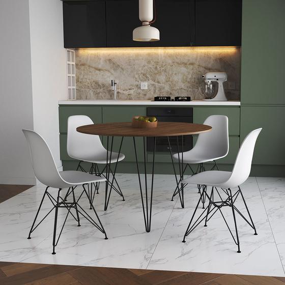 Imagem de Mesa de Jantar Redonda 90cm Amêndoa Clips 3 Pés com 4 Cadeiras Eames Eiffel Brancas Ferro Preto