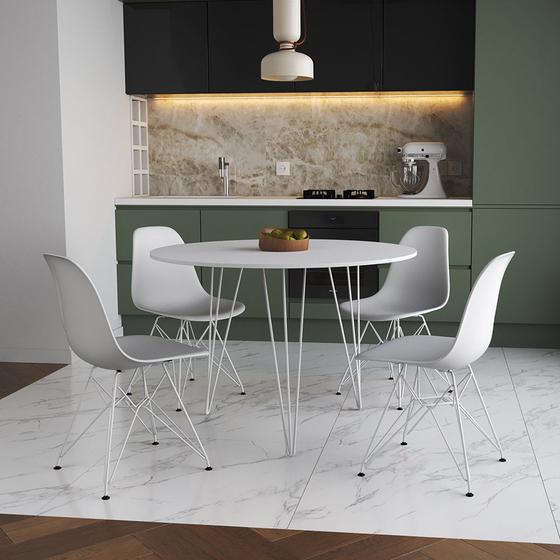 Imagem de Mesa de Jantar Redonda 90cm Branca Clips 3 Pés com 4 Cadeiras Eames Eiffel Brancas Ferro Branco