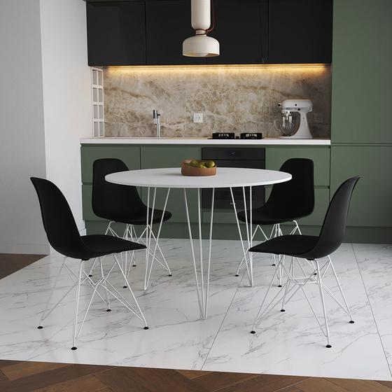 Imagem de Mesa de Jantar Redonda 90cm Branca Clips 3 Pés com 4 Cadeiras Eames Eiffel Pretas Ferro Branco