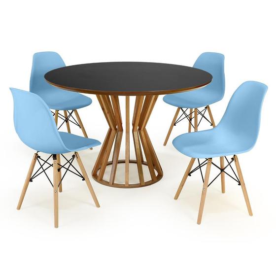 Imagem de Mesa de Jantar Redonda Cecília Amadeirada Preta 120cm com 4 Cadeiras Eames Eiffel - Azul Claro