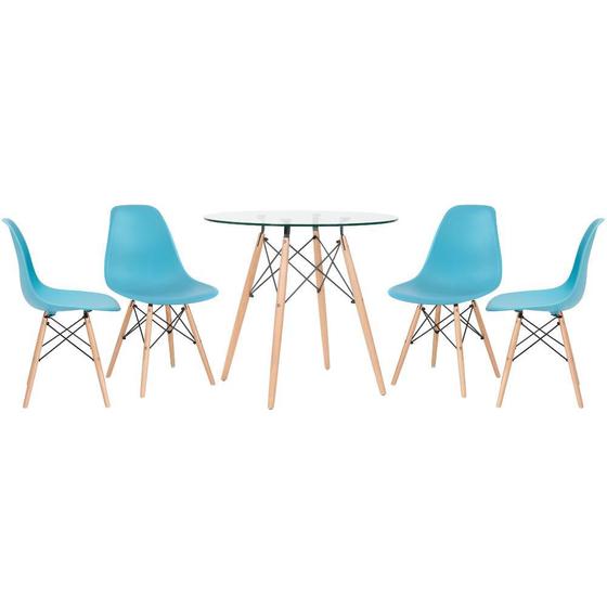 Imagem de Mesa de jantar redonda com tampo de vidro Eames 80 cm + 4 cadeiras Eiffel DSW