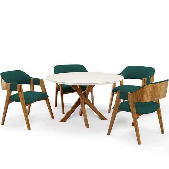 Imagem de Mesa De Jantar Redonda Cora 120cm Off White M04 com 04 Cadeiras Living Suran Bouclê Verde - Lyam
