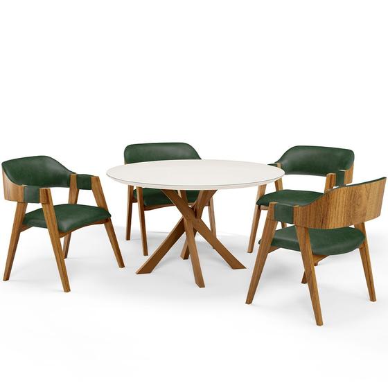 Imagem de Mesa De Jantar Redonda Cora 120cm Off White M04 com 04 Cadeiras Living Suran material sintético Verde Musgo - Lyam