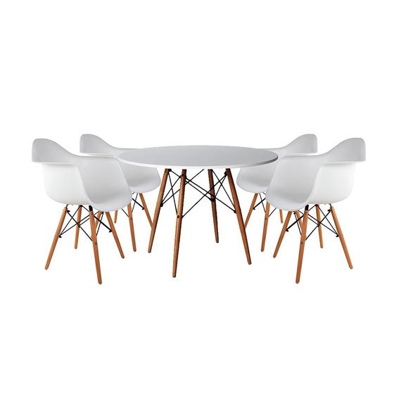 Imagem de Mesa de Jantar Redonda Eiffel Eames em Madeira 110cm Branca com 4 Poltronas Brancas