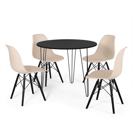 Imagem de Mesa de Jantar Redonda Hairpin 90cm Preta com 3 Pés + 4 Cadeiras Eames Eiffel Base Preta - Nude