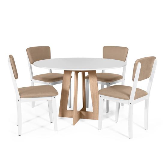 Imagem de Mesa de Jantar Redonda Montreal Bran/Jade com 4 Cadeiras Estofadas Ella Branco/Marrom Claro