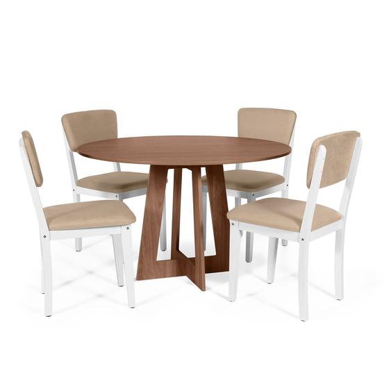 Imagem de Mesa de Jantar Redonda Montreal Noronha com 4 Cadeiras Estofadas Ella Branco/Bege