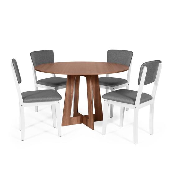 Imagem de Mesa de Jantar Redonda Montreal Noronha com 4 Cadeiras Estofadas Ella Branco/Cinza Escuro