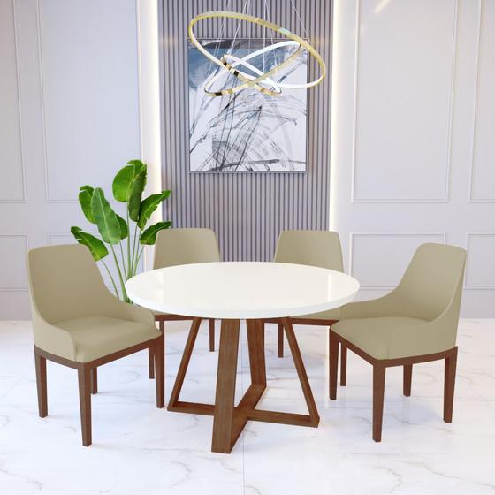 Imagem de Mesa de Jantar Redonda Pérola Off White com 4 Cadeiras Elisa Veludo Bege Madeira Maciça Imbuia