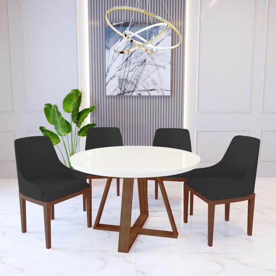 Imagem de Mesa de Jantar Redonda Pérola Off White com 4 Cadeiras Elisa Veludo Preto Madeira Maciça Imbuia