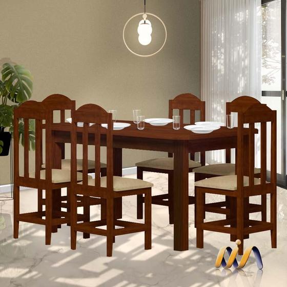 Imagem de Mesa De Jantar Retangular 6 Lugares Estofados Madeira Maciça Safira Castanho Shop JM