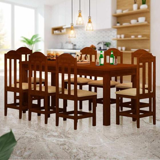 Imagem de Mesa De Jantar Retangular 8 Lugares Estofados Madeira Maciça Safira Castanho Shop JM