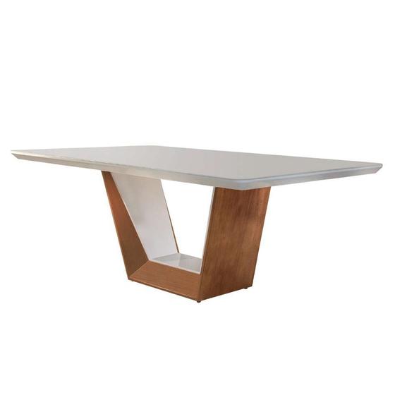Imagem de Mesa de Jantar Retangular com Tampo de Vidro Rubi I Off White e Imbuia 220 cm