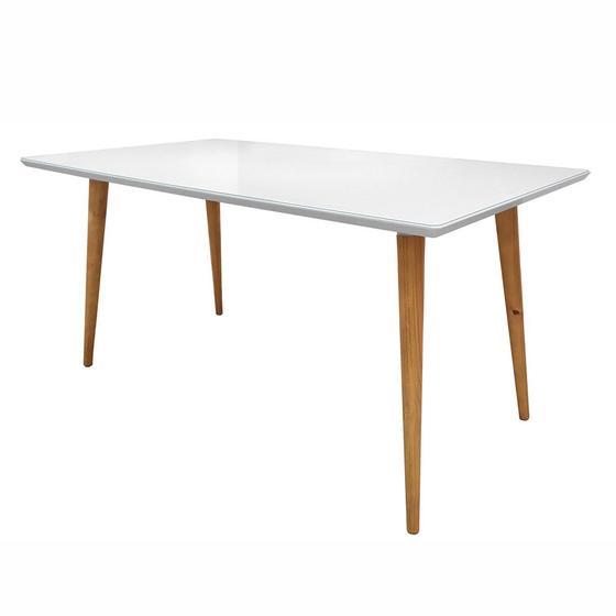 Imagem de Mesa de Jantar Retangular com Vidro Louise 160x90 cm Branco Pés Retrô Castanho - D'Rossi