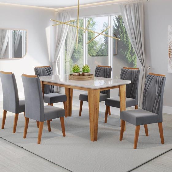 Imagem de Mesa de Jantar Retangular Dakar 1,60x90 com Vidro e 6 Cadeiras Vegas em Madeira Maciça