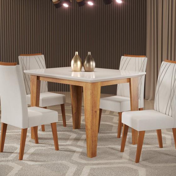 Imagem de Mesa de Jantar Retangular Divine com Vidro 1,20x90 e 4 Cadeiras Vegas em Madeira Maciça