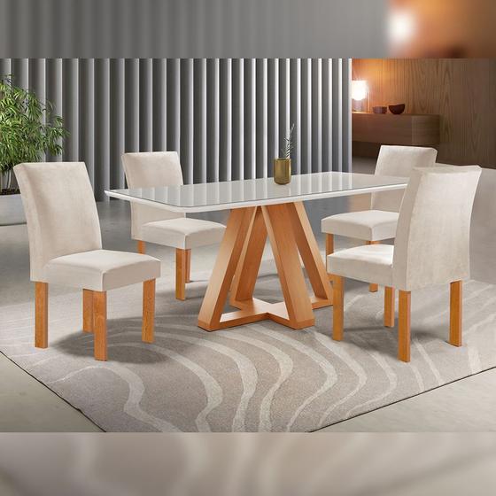Imagem de Mesa de Jantar Retangular Kyra 120x90cm Cinamomo/off White com 4 Cadeiras Canela - Suede Cru