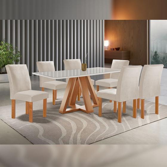 Imagem de Mesa de Jantar Retangular Kyra 170x90cm Cinamomo/off White com 6 Cadeiras Canela - Suede Cru