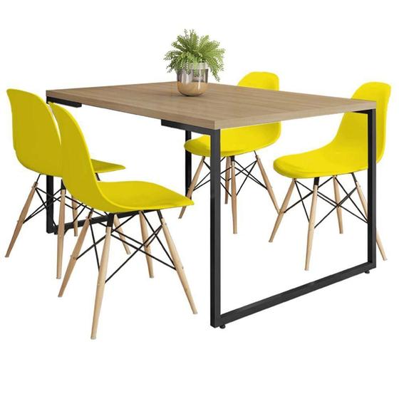 Imagem de Mesa de Jantar Rivera Industrial Nature com 04 Cadeiras Eiffel Charles Eames Amarelo - Lyam Decor