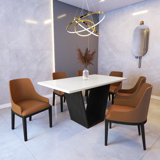 Imagem de Mesa de Jantar Safira 1,6m Off White com 6 Cadeiras Elisa Tec. Sintético Caramelo Madeira Maciça Pre