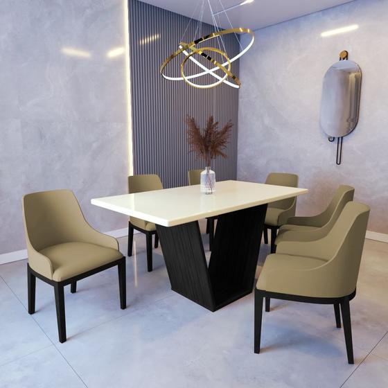 Imagem de Mesa de Jantar Safira 1,6m Off White com 6 Cadeiras Elisa Veludo Bege Madeira Maciça Preto