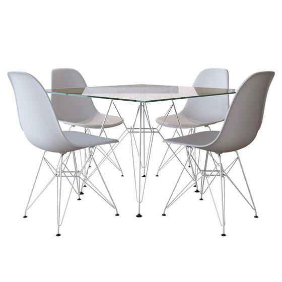 Imagem de Mesa de Jantar Vidro com 4 Cadeiras Brancas Eames Eiffel Quadrada 90cm Base Ferro Branco