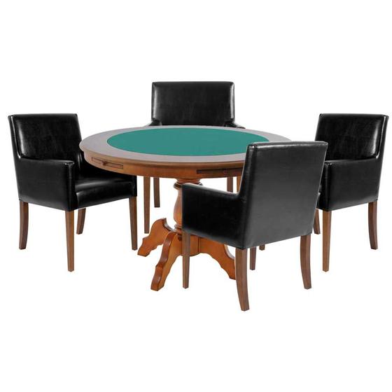 Imagem de Mesa de Jogos Carteado Redonda Montreal Tampo Reversível Amêndoa com 4 Cadeiras Liverpool PU Preto Liso G36 G15 - Gran Belo