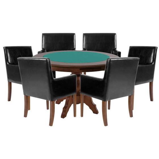 Imagem de Mesa de Jogos Carteado Redonda Montreal Tampo Reversível Imbuia com 6 Cadeiras Liverpool material sintético Preto Liso G36 G15 - Gran Belo