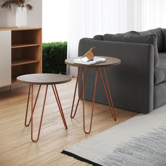 Imagem de Mesa de Lateral Duo Lisboa Ferro Cobre Tampo Amêndoa