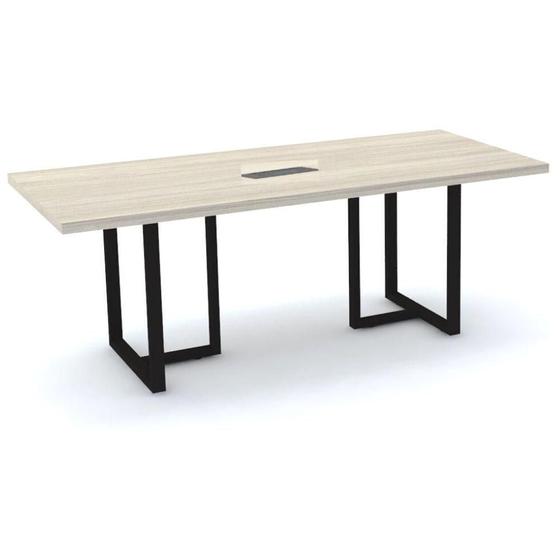 Imagem de Mesa de Reunião com Caixa de Tomada 200 x 90 cm Pé Tubular P40 MDP Nogueira CasaBlanca Base Preta