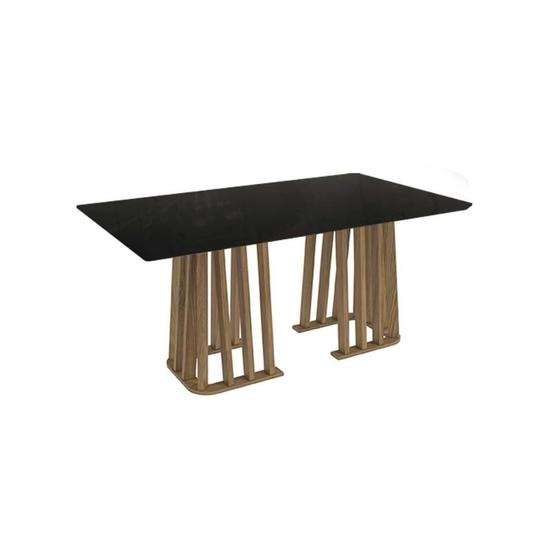 Imagem de Mesa de Sala Jantar Alteia + Tampo Madeirado c/ Vidro 160x90cm Nogueira/Preto Fosco - Kappesberg