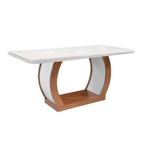 Imagem de Mesa de Sala Jantar Jade + Tampo Madeirado Vidro Curvo 180x90cm Imbuia/Off White - Rufato