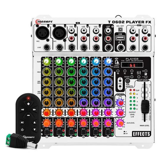 Imagem de Mesa De Som 6 Canais Player Multicolor T0602 Mixer Taramps T 0602 Equalizador Mp3 Usb Fm Bluetooth 78 Efeitos Rgb Led 12v