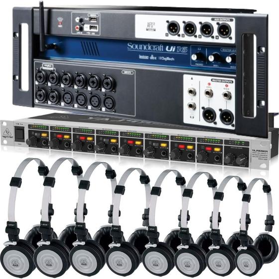 Imagem de Mesa de Som Digital Soundcraft Ui16 Wifi 16 Canais + 8 Fones AKG K414 e Amplificador HA8000