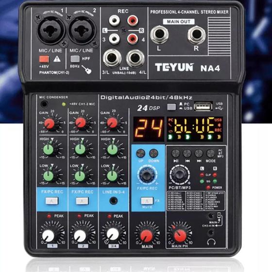 Imagem de Mesa De Som Interface 4 Canais Mixer de Som Áudio Profissional Teyun NA4 24 Efeitos 48V Placa De Som