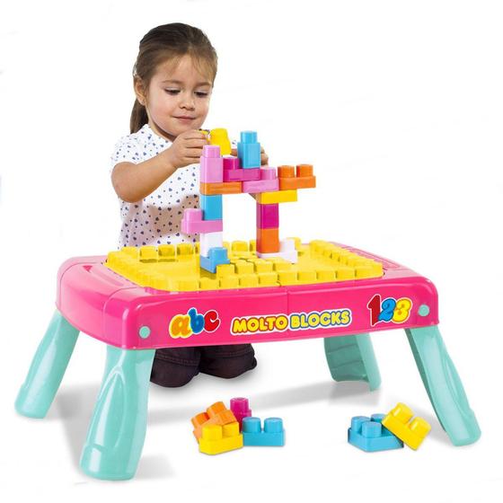 Imagem de Mesa Didática Infantil Rosa Super Mesinha Educativa com 20 Blocos de Montar - Cardoso Toys