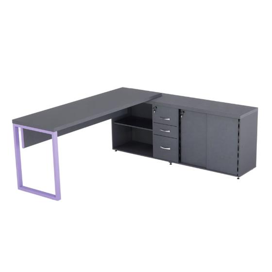 Imagem de Mesa Diretora Pé Balcão Com 03 Gavetas Tubolar PE 40 Pandin 1,89 M Grafito e Lilas