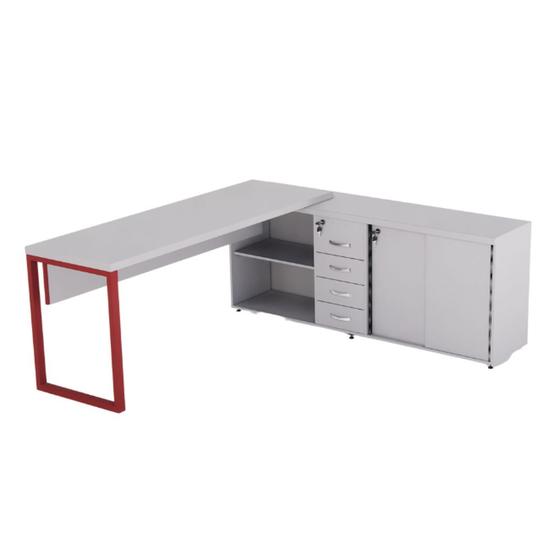 Imagem de Mesa Diretora Pé Balcão Com 04 Gavetas Tubolar PE 40 Pandin 1,89 M Cinza e Vermelho