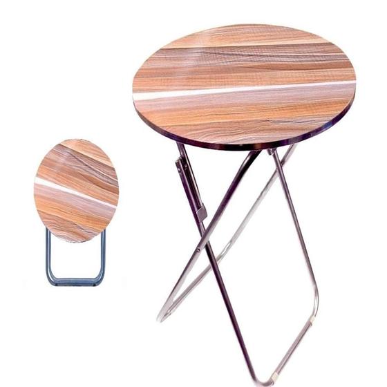 Imagem de Mesa dobravel de aluminio redonda com tampo de madeira multiuso 90cm estudo ou jantar