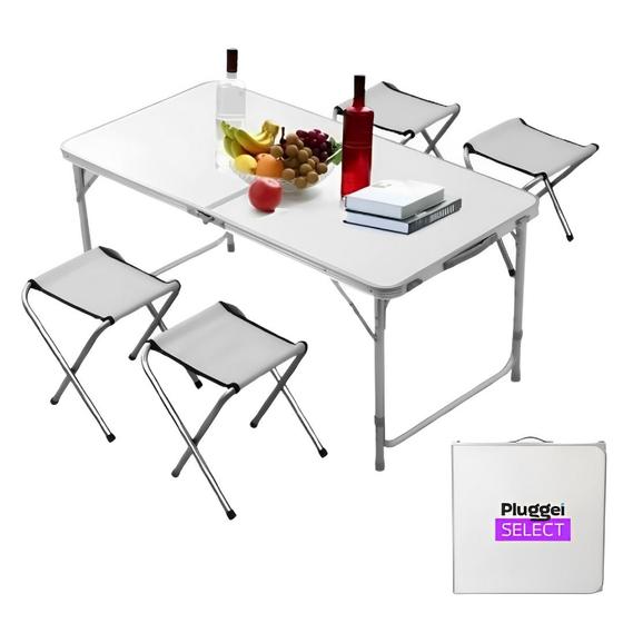Imagem de Mesa Dobrável Portátil Vira Maleta Camping Praia com 4 Cadeiras 120x60cm