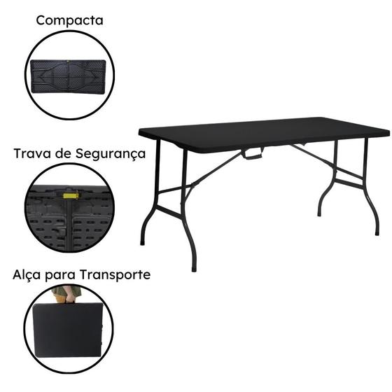 Imagem de Mesa Dobrável Preta De Plástico Portátil Com Alça Leve Para Camping Praia Churrasco 152x70cm