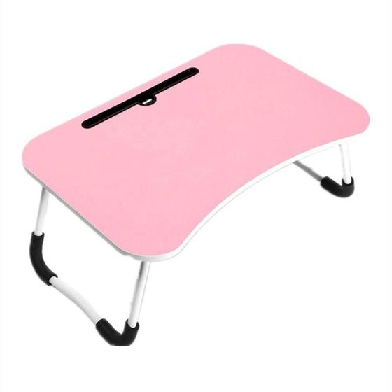 Imagem de Mesa dobrável rosa para notebook com suporte e porta copo sofá