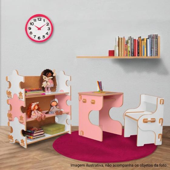 Imagem de Mesa e Cadeira Infantil de Encaixe Quebra-cabeça Rosa/Branco