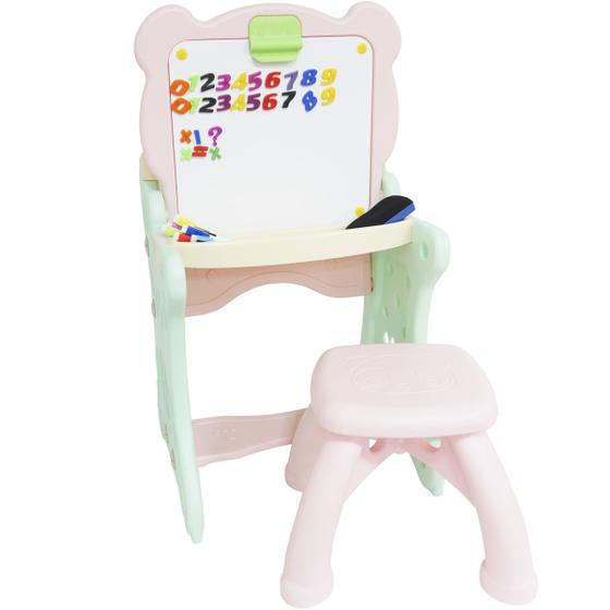 Imagem de Mesa e Lousa Mágica Pintura Infantil Didática 2x1 Dobrável Plástico Cadeira Rosa Brinqway BW-076RS