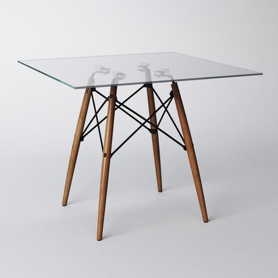 Imagem de Mesa Eames Eiffel Quadrada 90 Cm Tampo de Vidro Base de Madeira